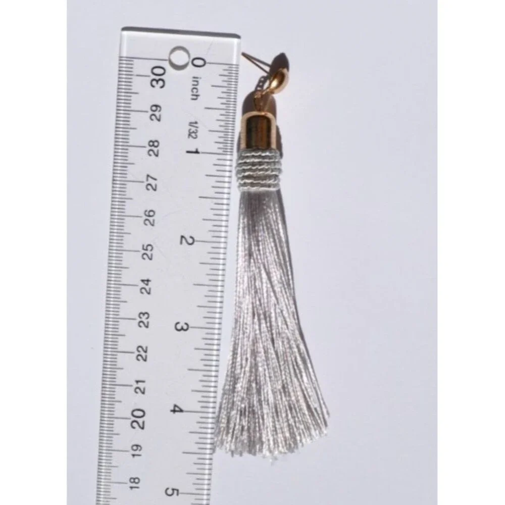 Gold-tone Boho Gypsy earrings with Gold Post Silver Gray Tassel - Picture 4 of 4